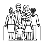 Line drawing of grandparents, parents and children.
